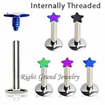 Internally Threaded Anodized Star Top Body Flat Lip Piercing